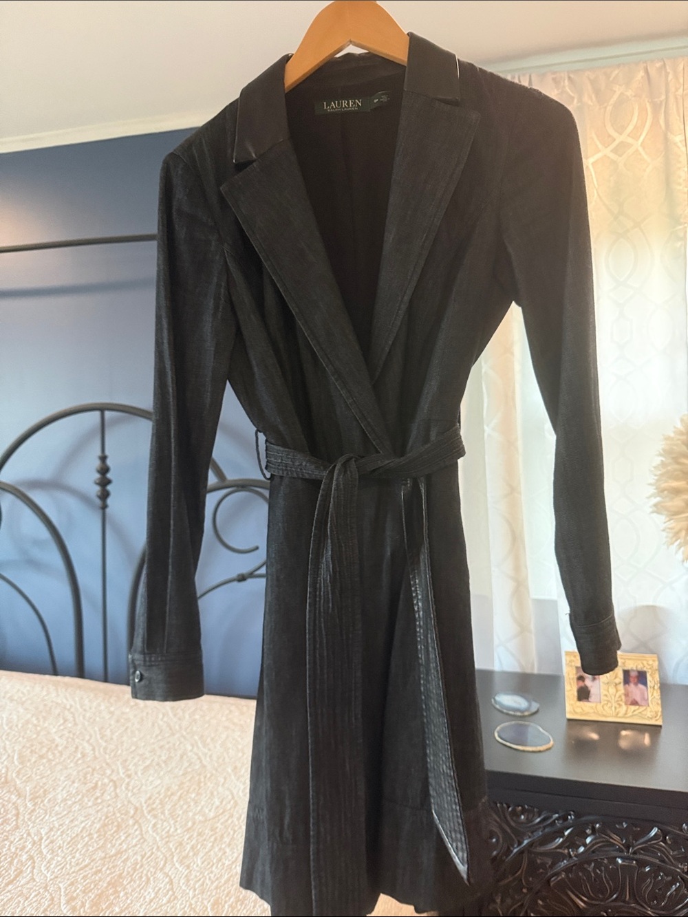 LAUREN Ralph Lauren denim wrap dress with faux leather collar & tie belt